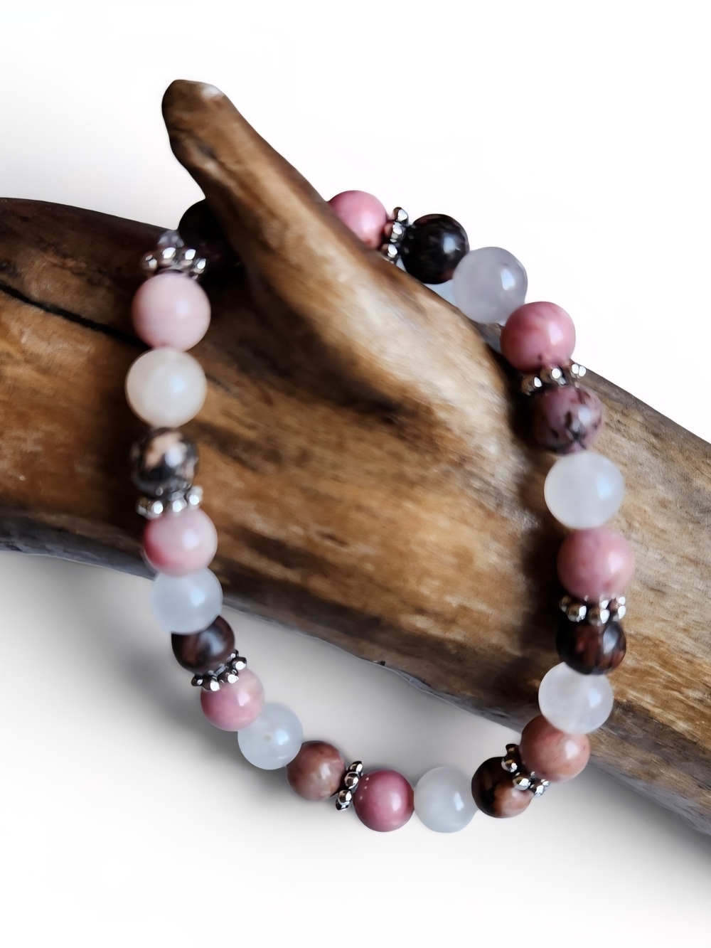 Quartz And Rhodochrosite Pink Beaded Stretch Bracelet